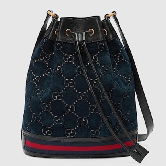 Gucci Ophidia GG Velvet Bucket Bag in Navy with Web NEW WITH DUSTBAG - Picture 1 of 15